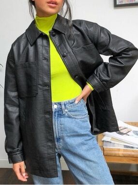 Black Faux Leather Overshirt Jacket - Women